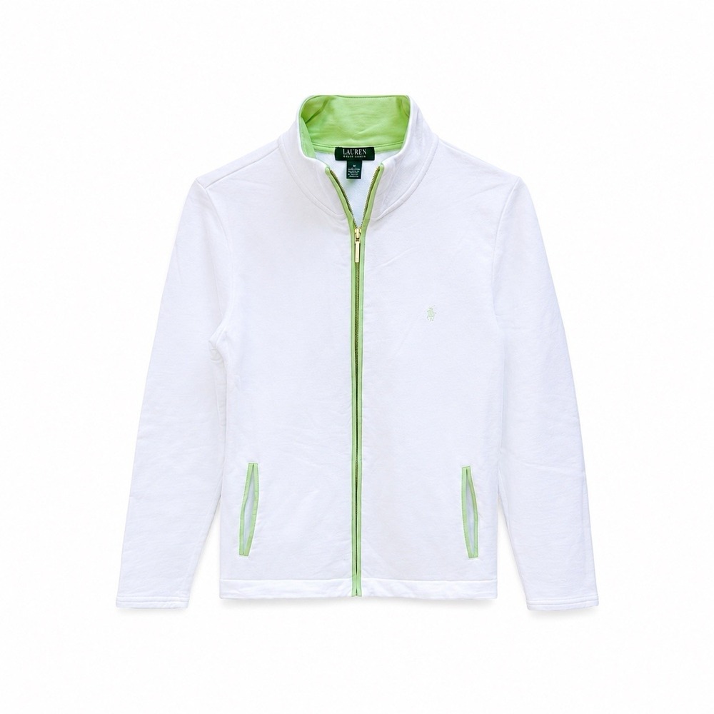 Lauren Ralph Lauren Petite White Zip Jacket Green Trim PM Preppy Country Club